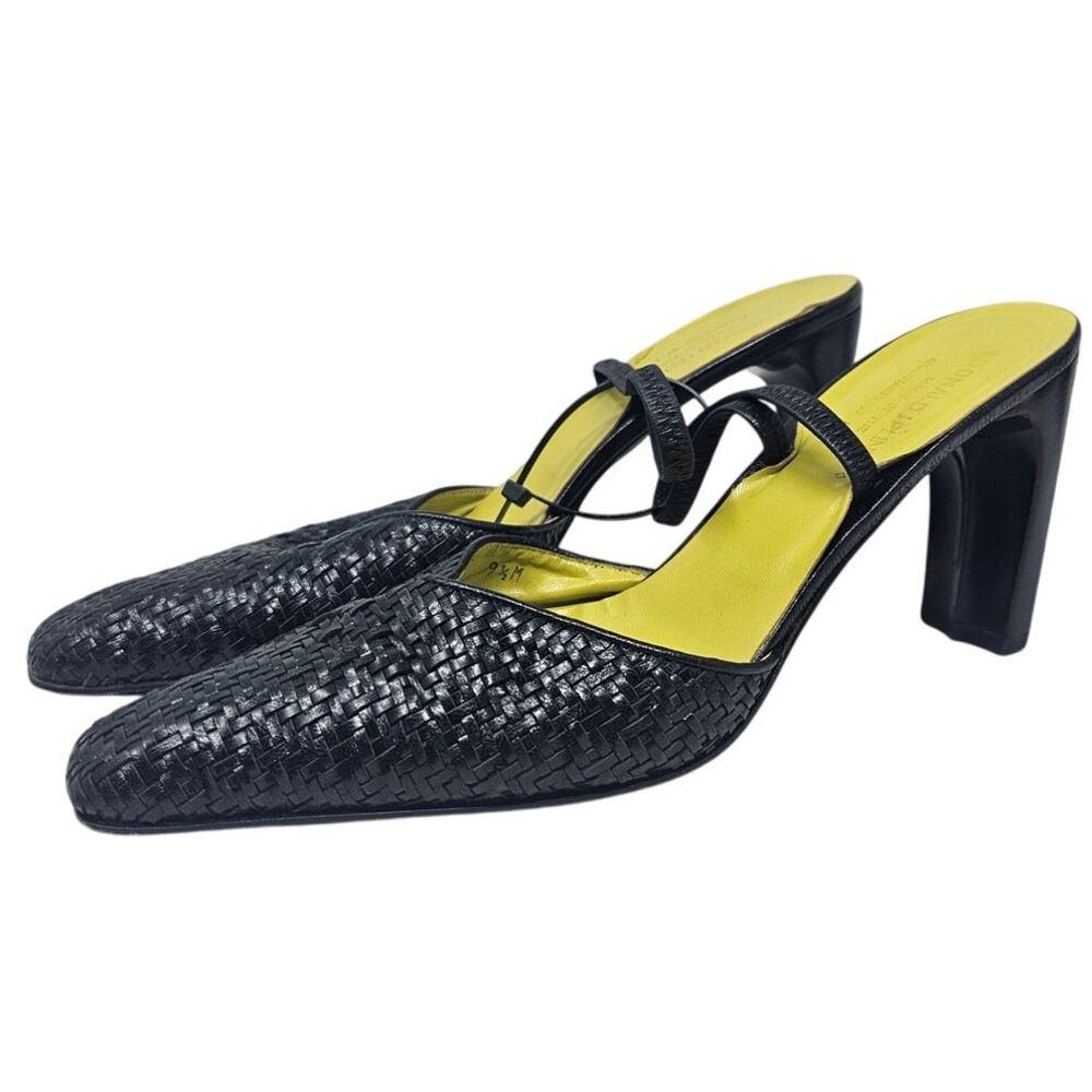 Vintage Y2K Donald Pliner 9.5 Black Woven Leather Mule Square Toe Minimalist
